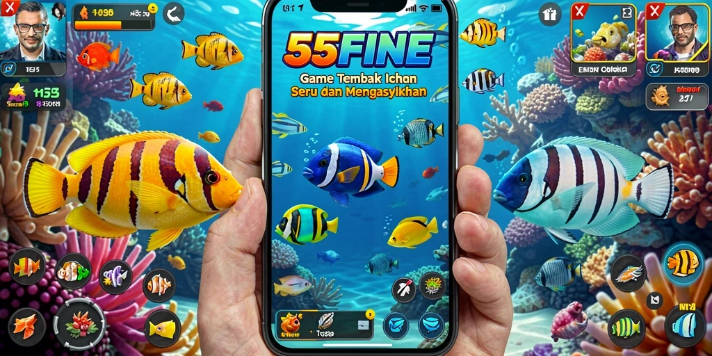 Screenshot gameplay 55FIVE yang seru saat menembak ikan.