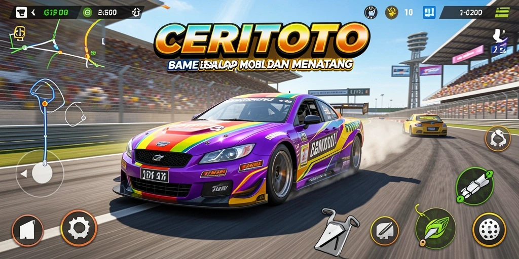 Screenshot CERITOTO menampilkan balapan mobil yang mendebarkan di jalur yang bervariasi.