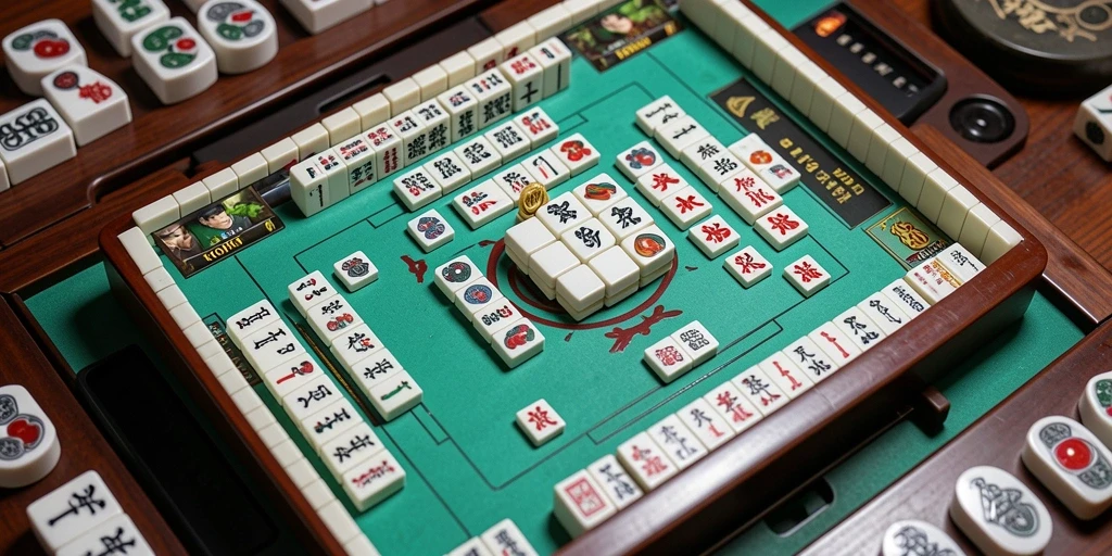 Tampilan teras permainan Mahjong di HOKIWON dengan ubin berwarna-warni.
