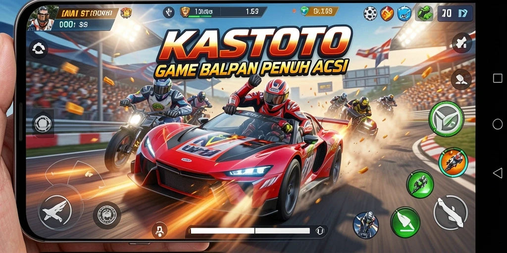 Screenshot gameplay KASTOTO menampilkan aksi balapan yang seru dan mendebarkan.