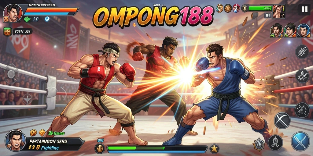 Tangkapan layar OMPONG188 menunjukkan pertarungan seru antar karakter dalam arena.