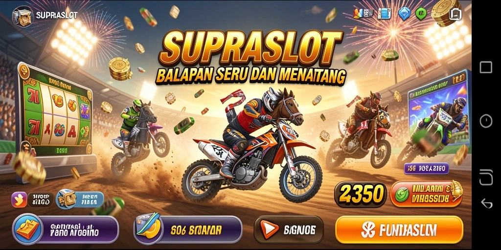 Screenshot gameplay SUPRASLOT menampilkan aksi balapan yang cepat dan mendebarkan.